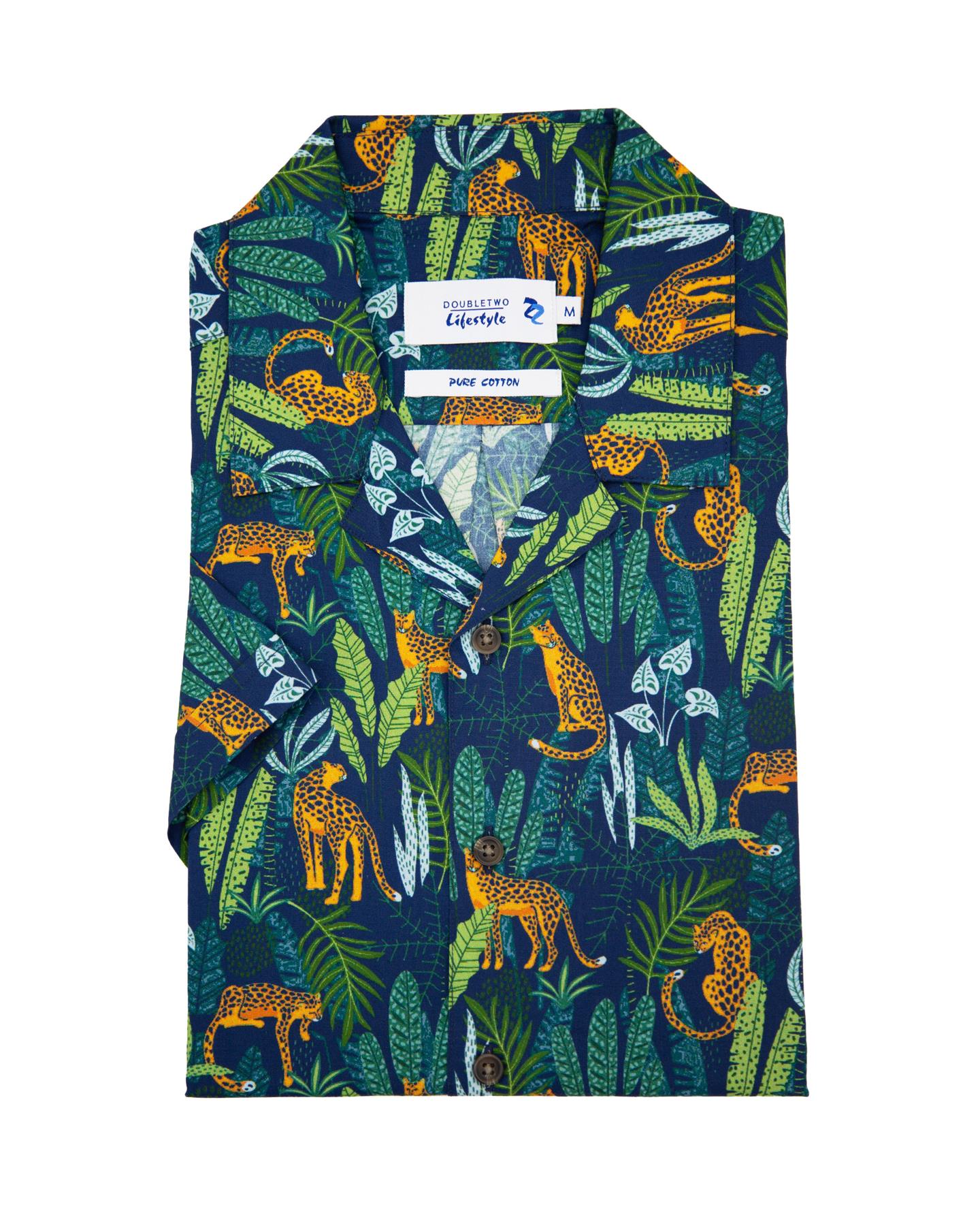 Double Two Open Neck Collar Jungle Print Casual Shirt for Men's (DTLS1212) Navy, M to 5XL