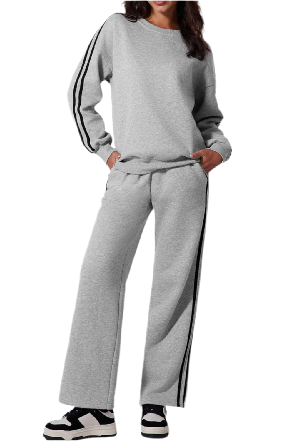 Side Striped Round Neck Top and Pants Active Set