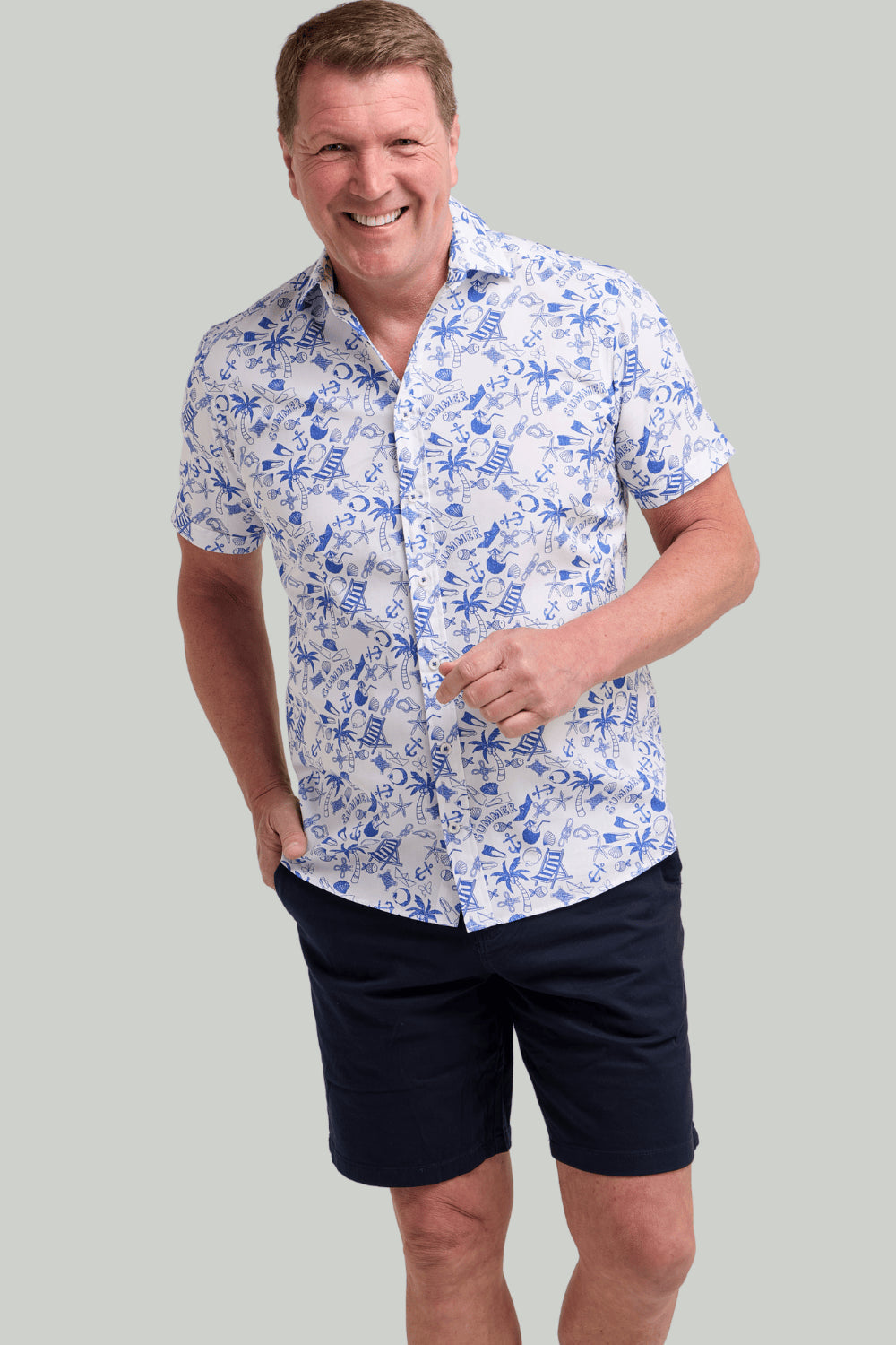 Double TWO Beach Print Short Sleeve Shirt For Men in Blue, M-5XL