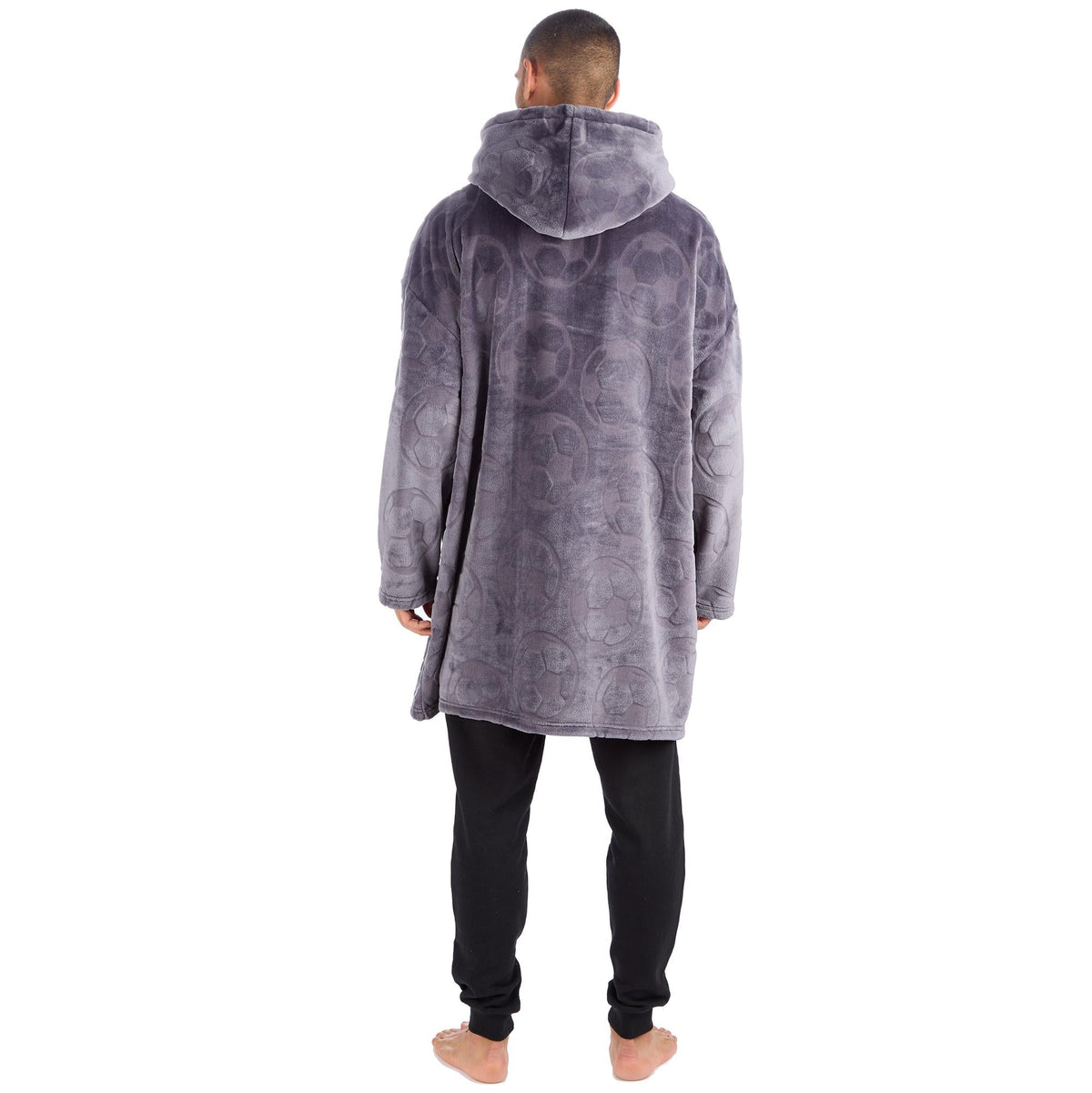 Men's Grey Embossed Football Fleece Lounge Hoodie with Kangaroo Pocket