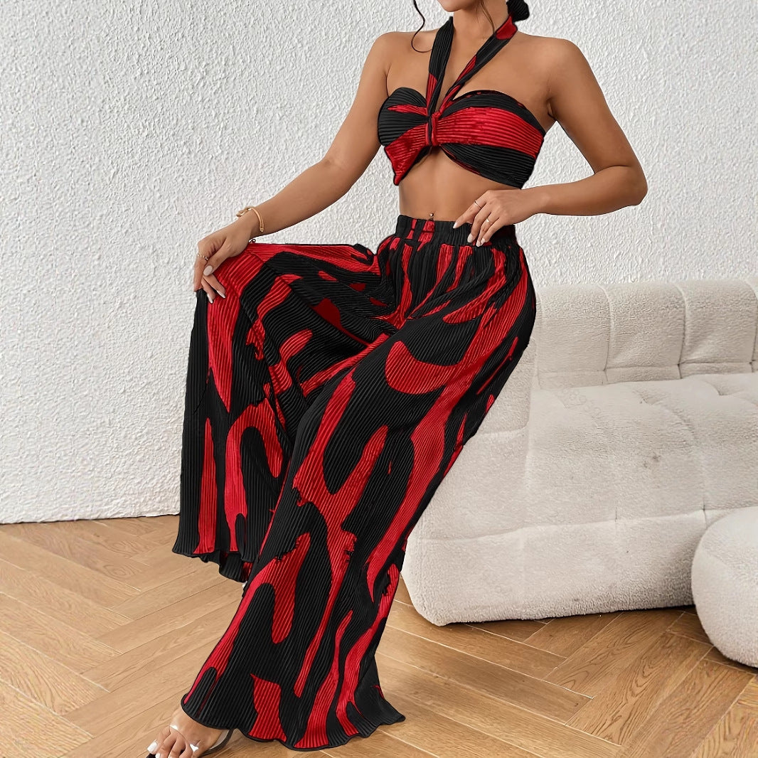 Halter Tube Top & Flame Print Wide-Leg Pants Set – Bold Streetwear 2-Piece Outfit