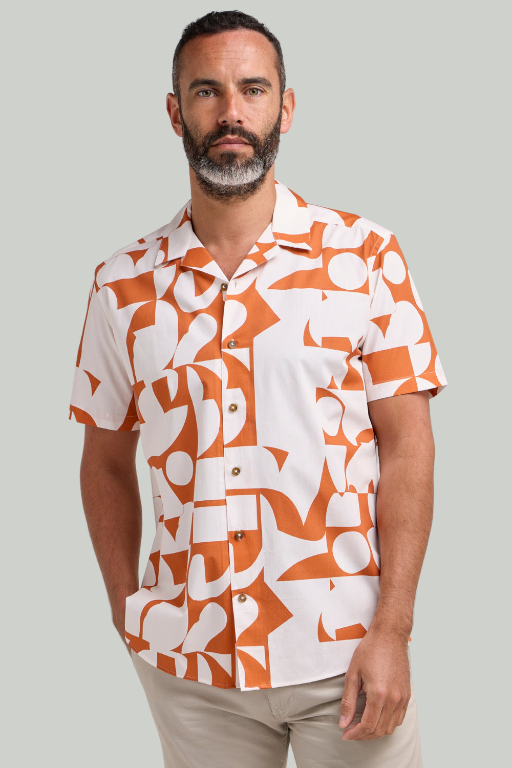 Double TWO Geo Print Short Sleeve Shirt For Men in Orange, M-5XL