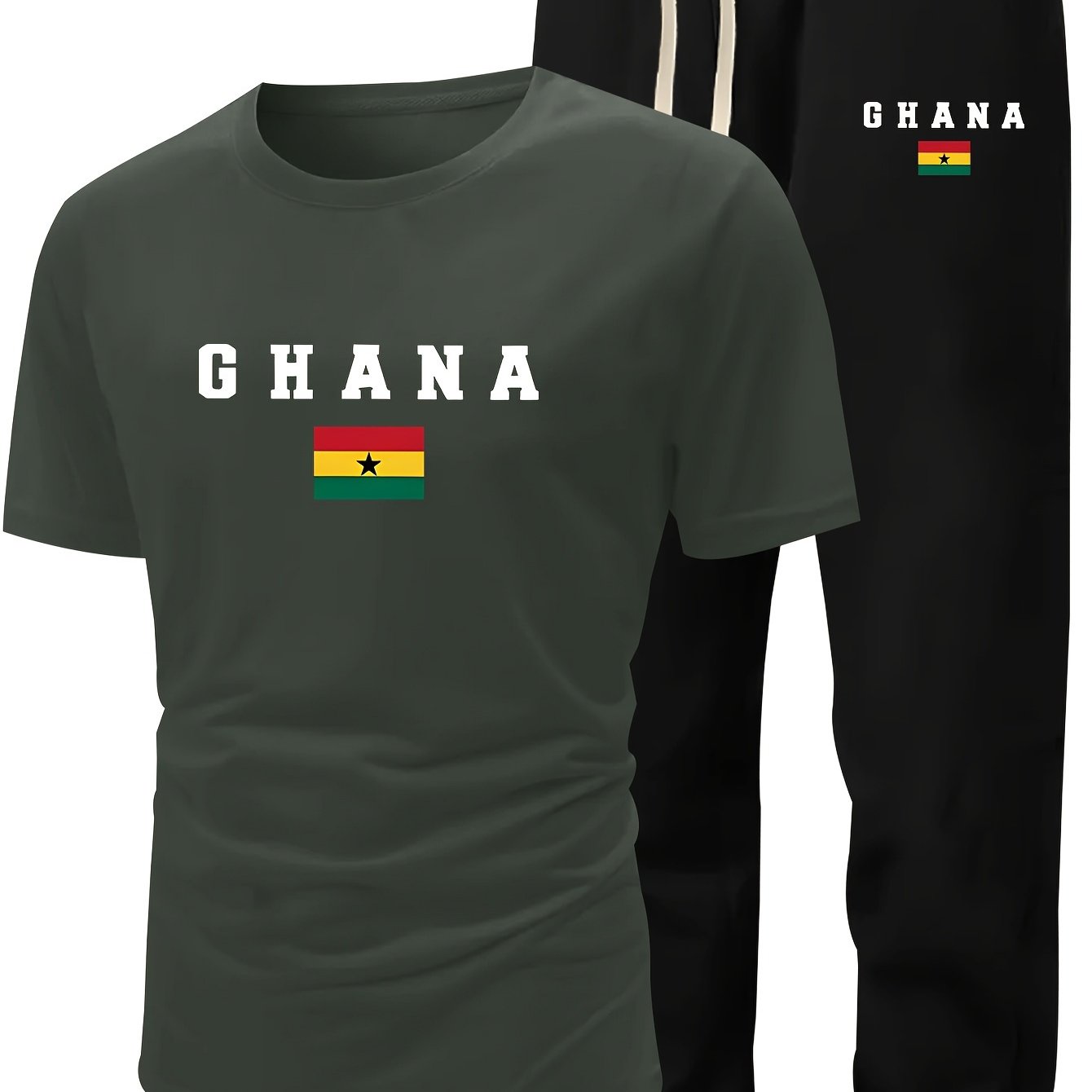 Men's Summer Casual Two-Piece Set, Men's Ghanian Print Short Sleeve T-Shirt with Comfortable Long Pants Fashion Outfit