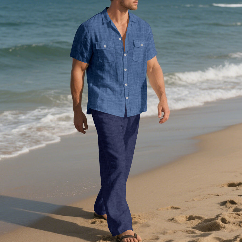 Men's Short Sleeve Shirt and Trousers, Beach Suit for Men