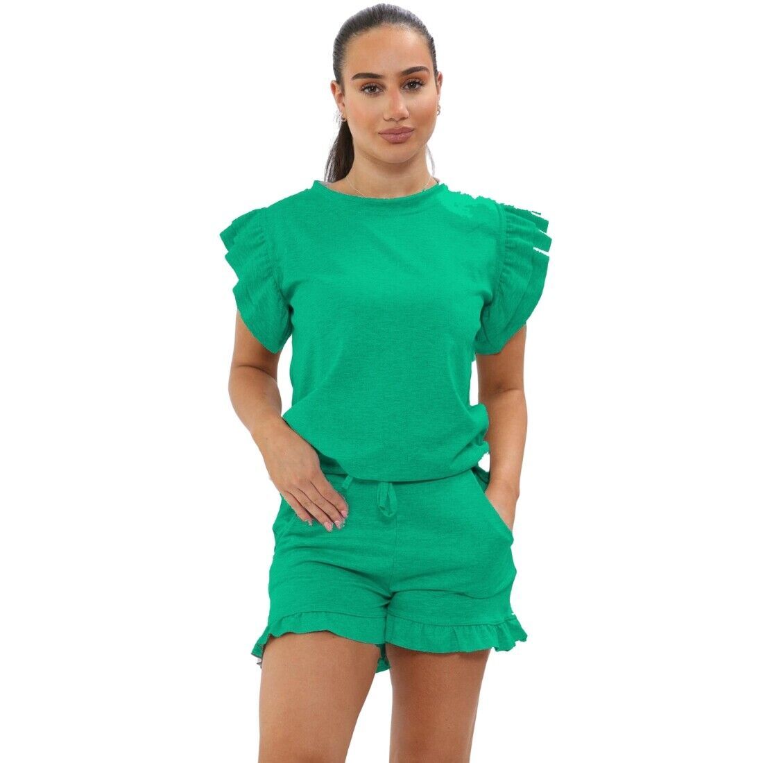 Women's Frill Peplum Sleeve Top & Shorts Set – 2-Piece Casual Tracksuit Outfit