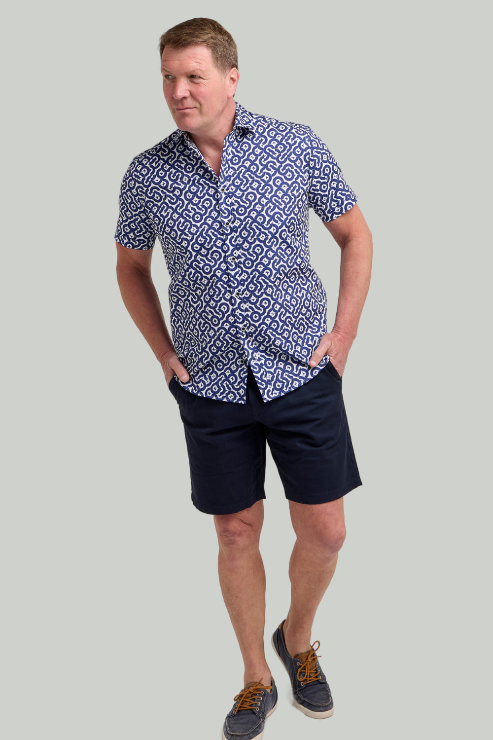 Double TWO Geometric Print Short Sleeve Shirt For Men in Navy, M-5XL