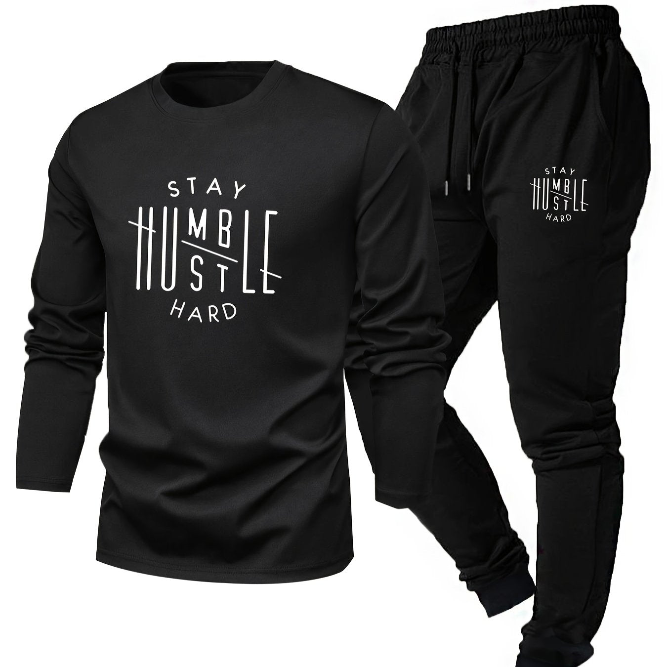Men’s “STAY HUSTLE HARD” Long Sleeve T-Shirt & Jogger Set – 2-Piece Casual Outfit with Bold Print, Stretch Fabric, and Elastic Waistband for Spring/Fall