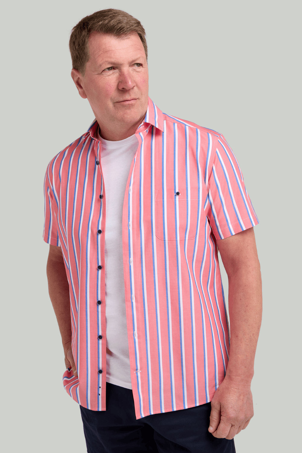 Double TWO Stripe Short Sleeve Shirt For Men in Red Stripe, M-5XL