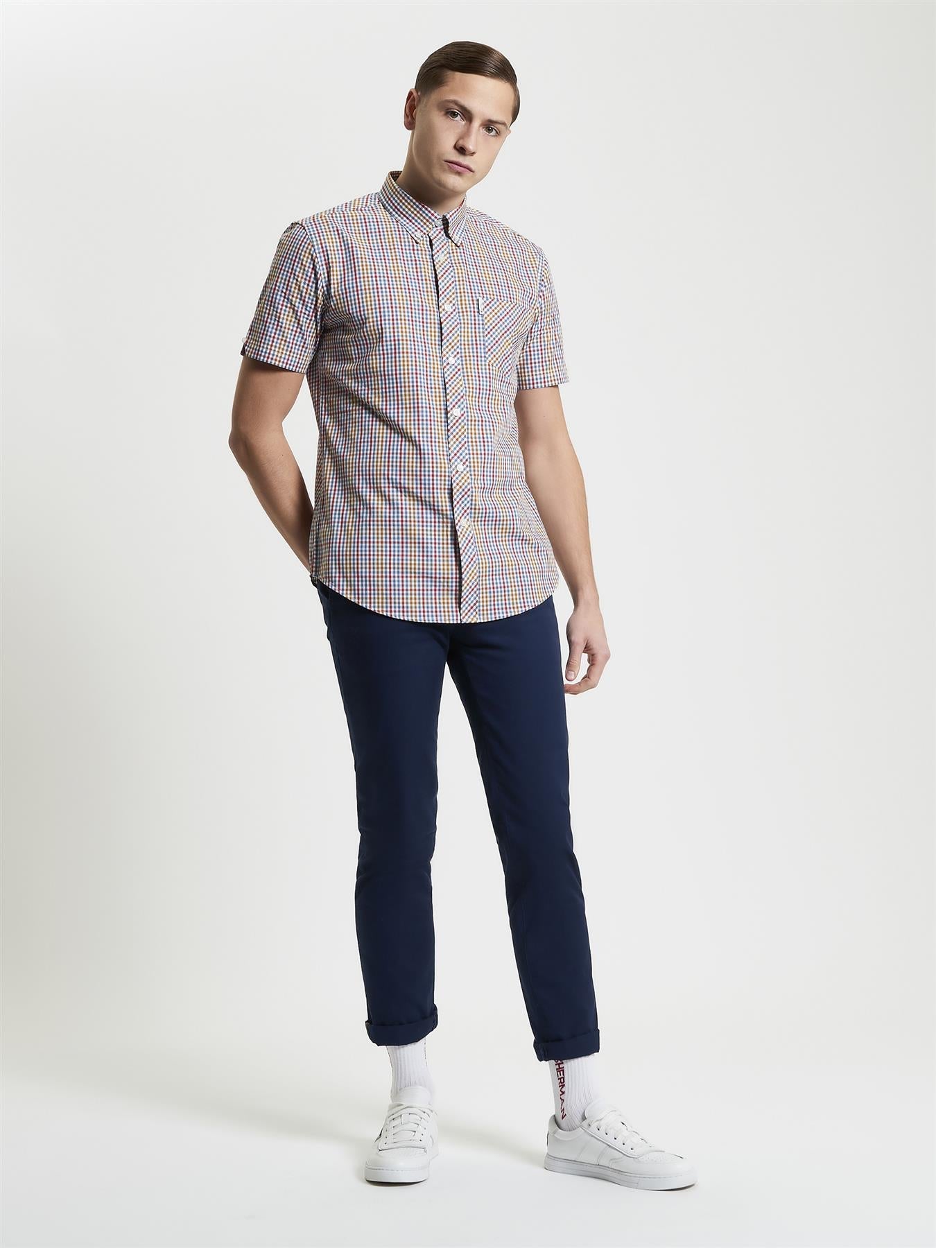 Ben Sherman Mini Gingham Short Sleeve Shirt For Men in Snow White, 2XL-5XL