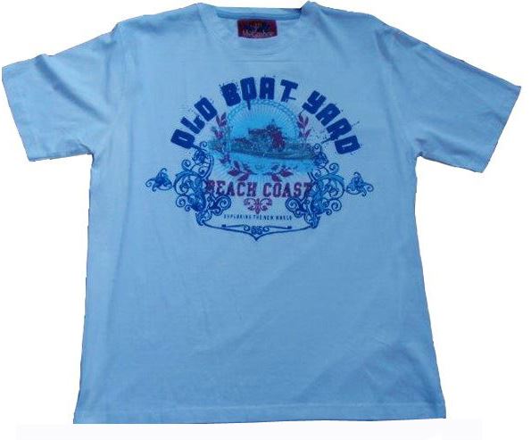 METAPHOR PURE COTTON PRINTED T SHIRT "OLD BOAT YARD" IN SIZE 2XL TO 8XL, WHITE & SKY BLUE