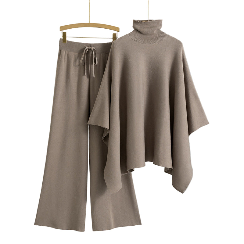 Turtleneck Cape Knitted Wide-leg Pants Elegant Outfit