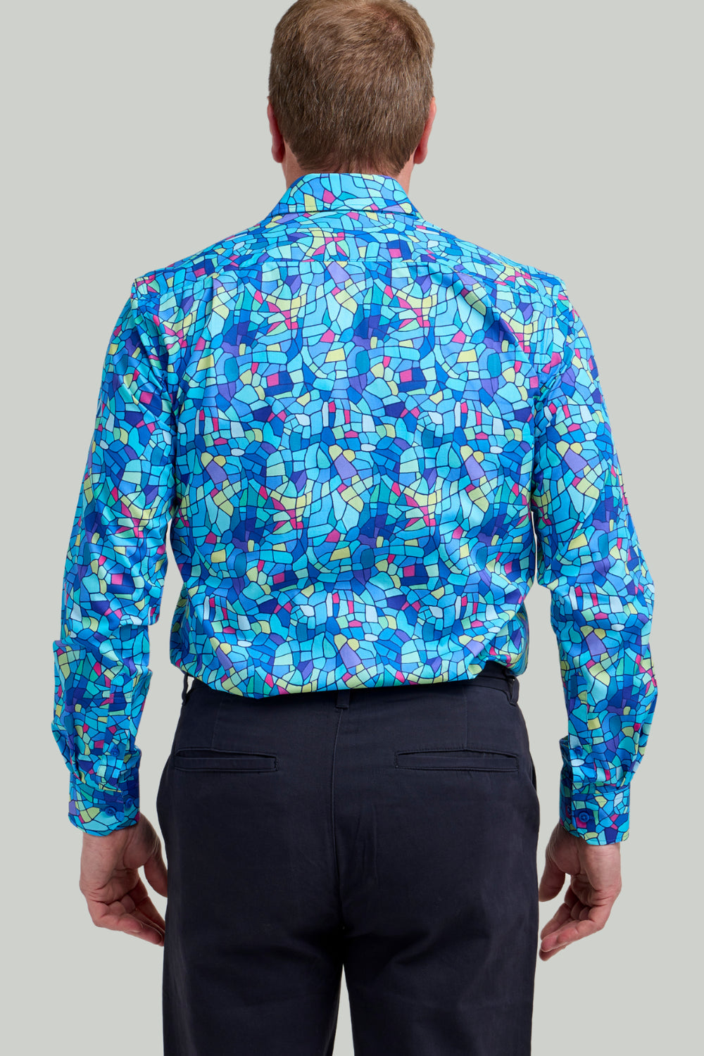 Double TWO Mosaic Print Long Sleeve Shirt For Men in Blue, M-5XL