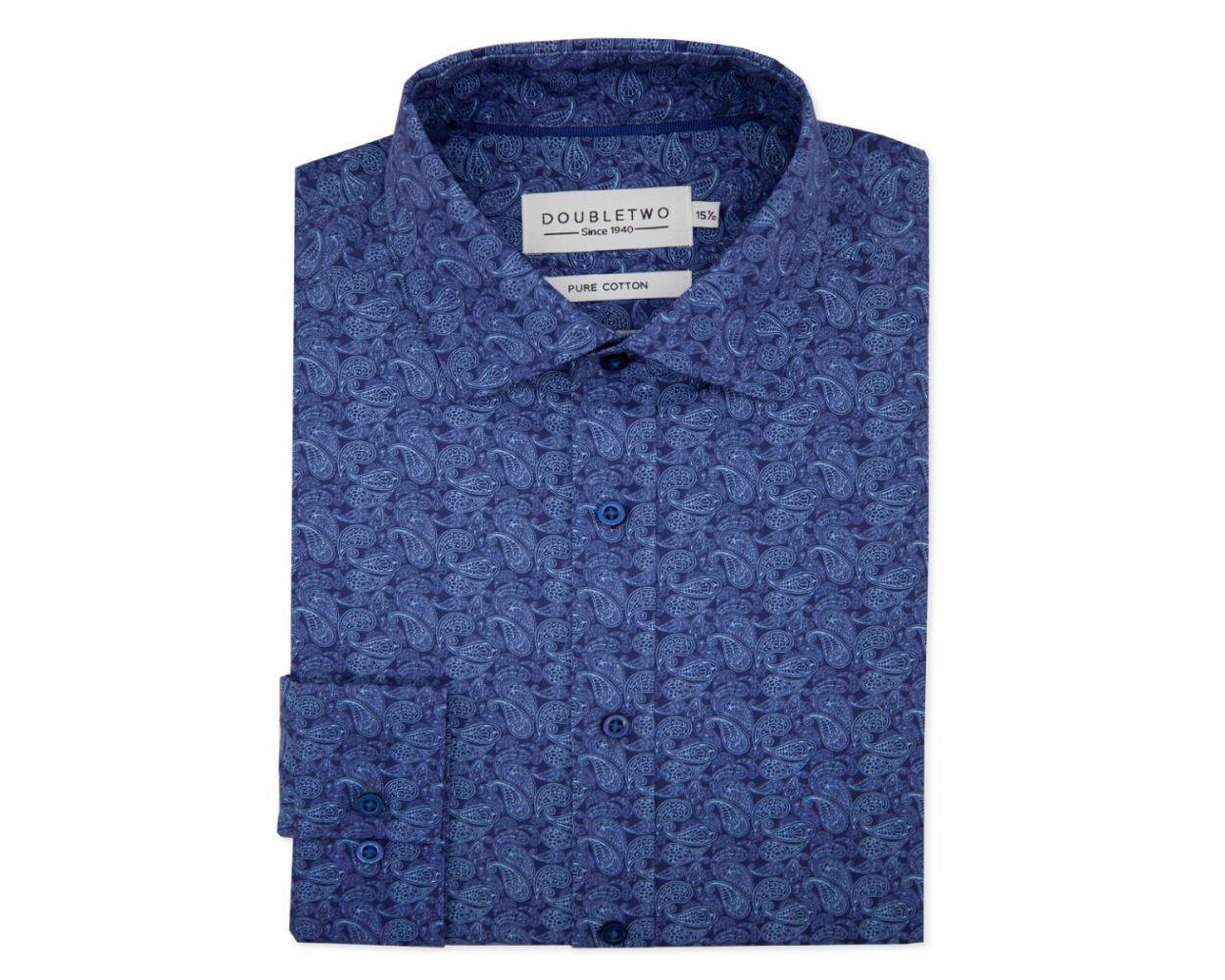 Double Two Mens Long Sleeve Paisley Print Cotton Formal Shirt in Navy in Collar Size 19 to 23 Inches