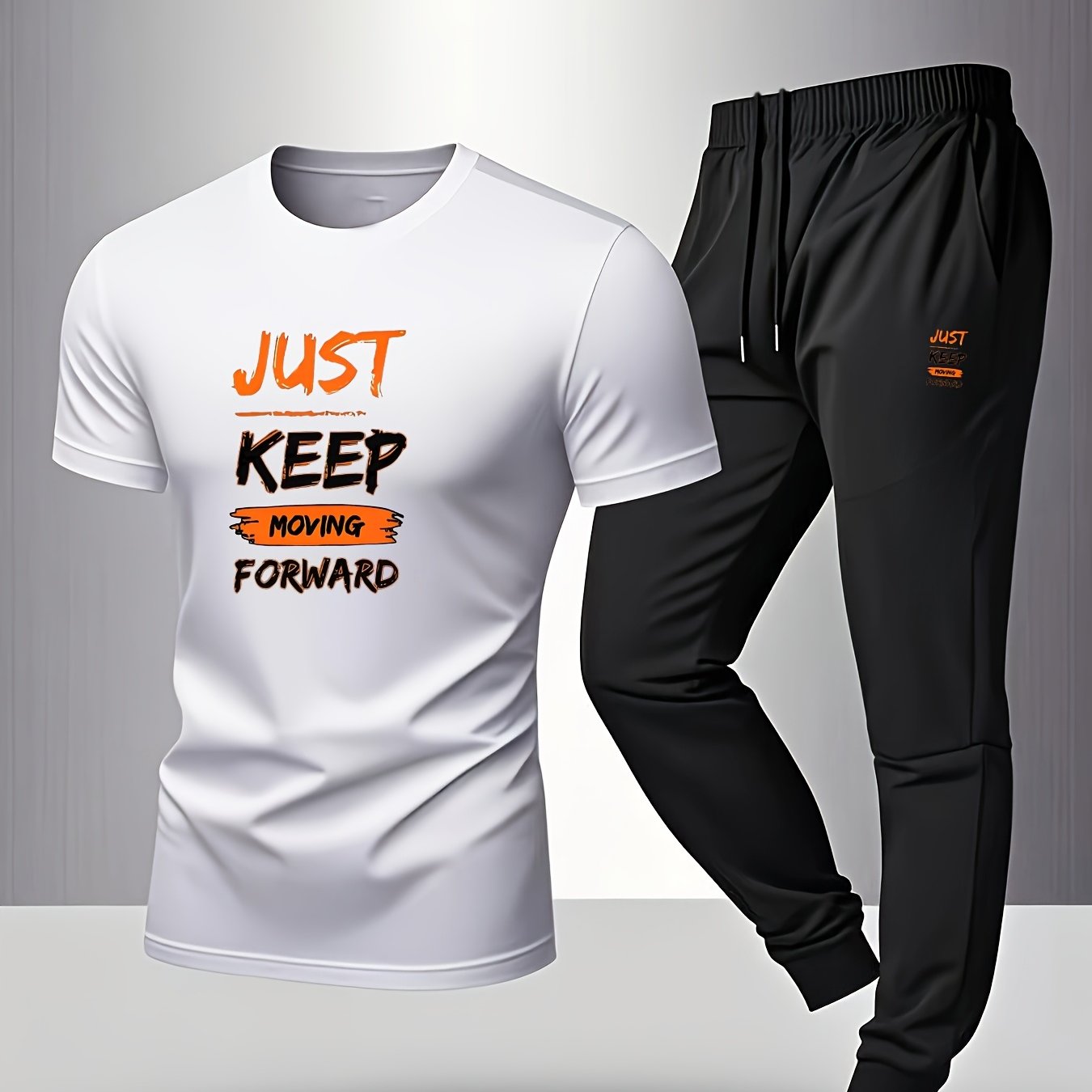 Men’s Breathable Athletic Set – White “Just Keep Moving” T-Shirt & Black Joggers