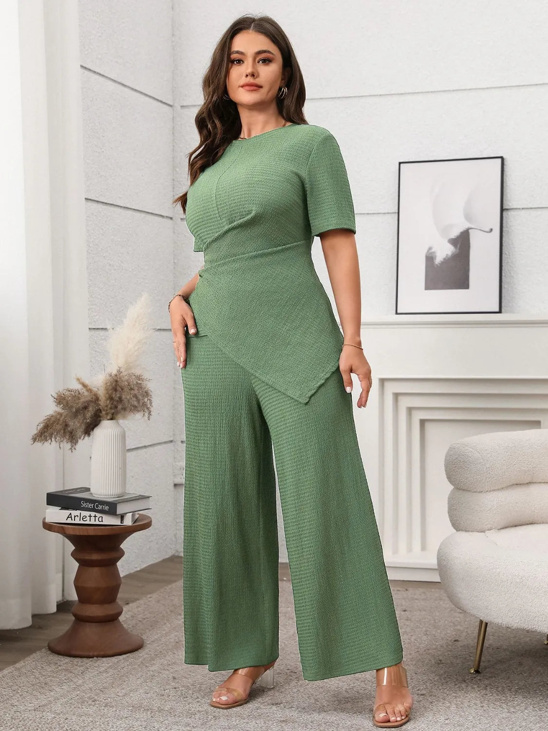 Plus Size Asymmetrical Round Neck Short Sleeve Top and Pants Set