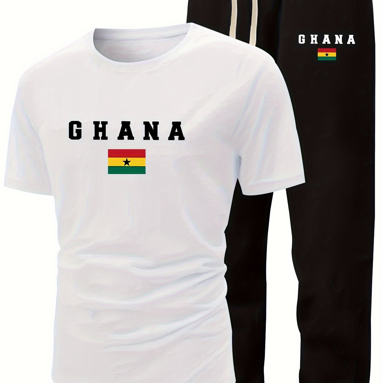 Men's Summer Casual Two-Piece Set, Men's Ghanian Print Short Sleeve T-Shirt with Comfortable Long Pants Fashion Outfit