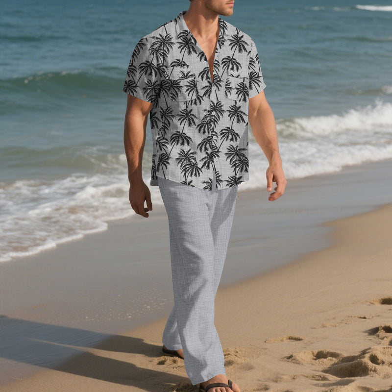 Casual Loose Shirt and Trousers Set, Two-pieces Beach Suit For Men