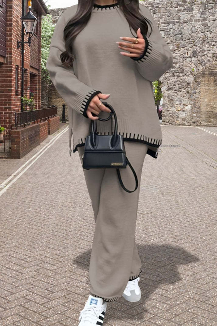 Women's 2-Piece Knitted Co-Ord Lounge Set – Stitched Detail Sweater & Pants Outfit