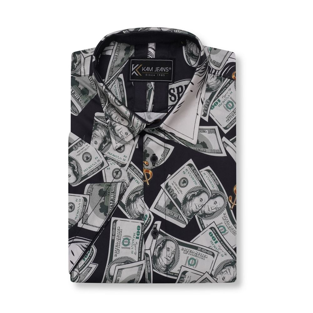 KAM Dollar Bills Print Short Sleeve Shirt For Men in Black, 2XL-8XL