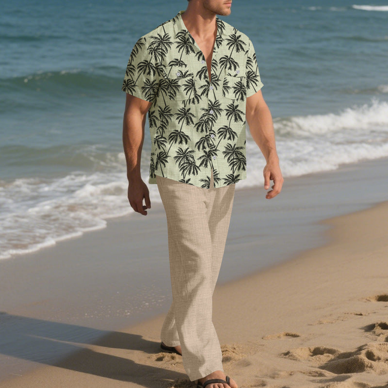 Casual Loose Shirt and Trousers Set, Two-pieces Beach Suit For Men