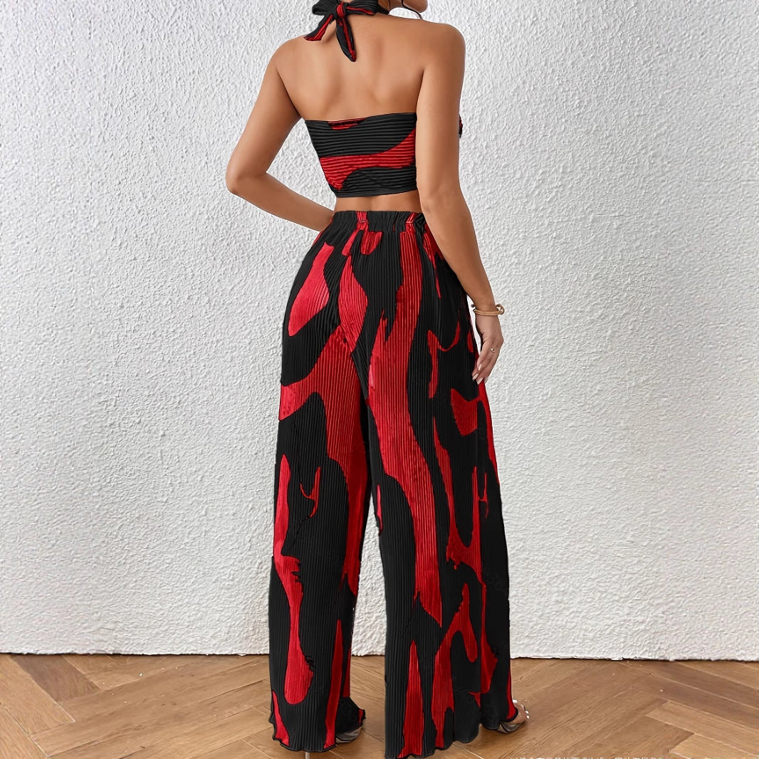 Halter Tube Top & Flame Print Wide-Leg Pants Set – Bold Streetwear 2-Piece Outfit