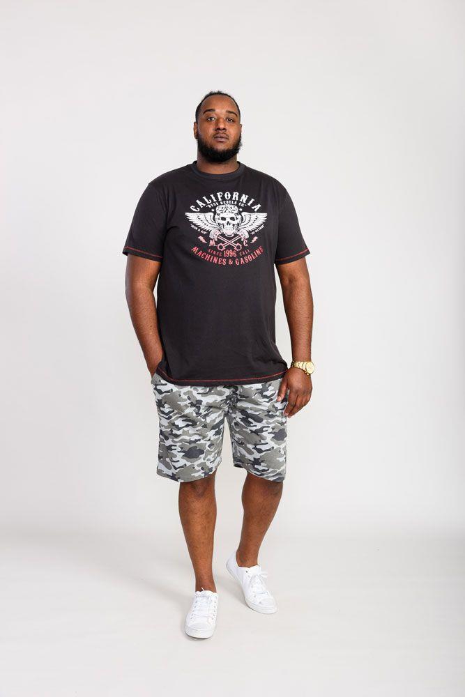 D555 Men's CHARLES California Rebel Skull Gradient Printed T-shirt in Washed Black 2XL to 5XL