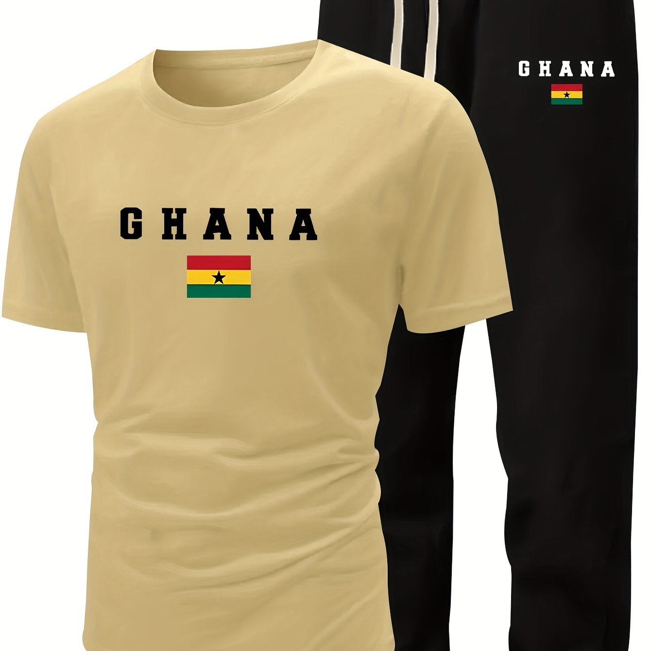 Men's Summer Casual Two-Piece Set, Men's Ghanian Print Short Sleeve T-Shirt with Comfortable Long Pants Fashion Outfit