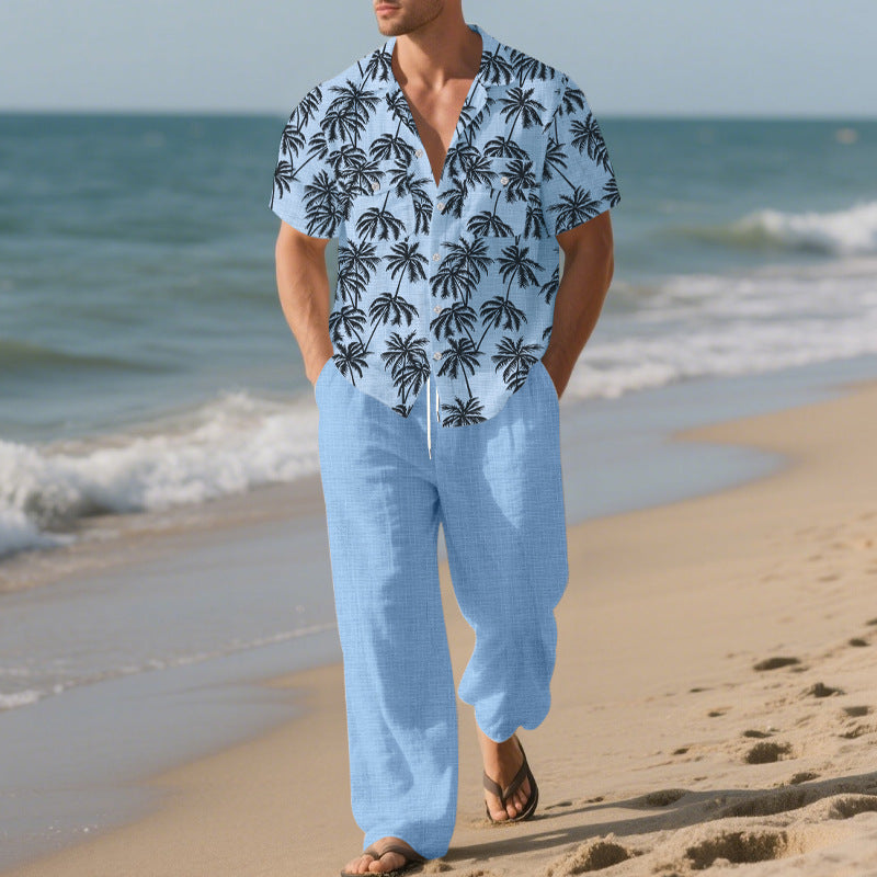 Casual Loose Shirt and Trousers Set, Two-pieces Beach Suit For Men