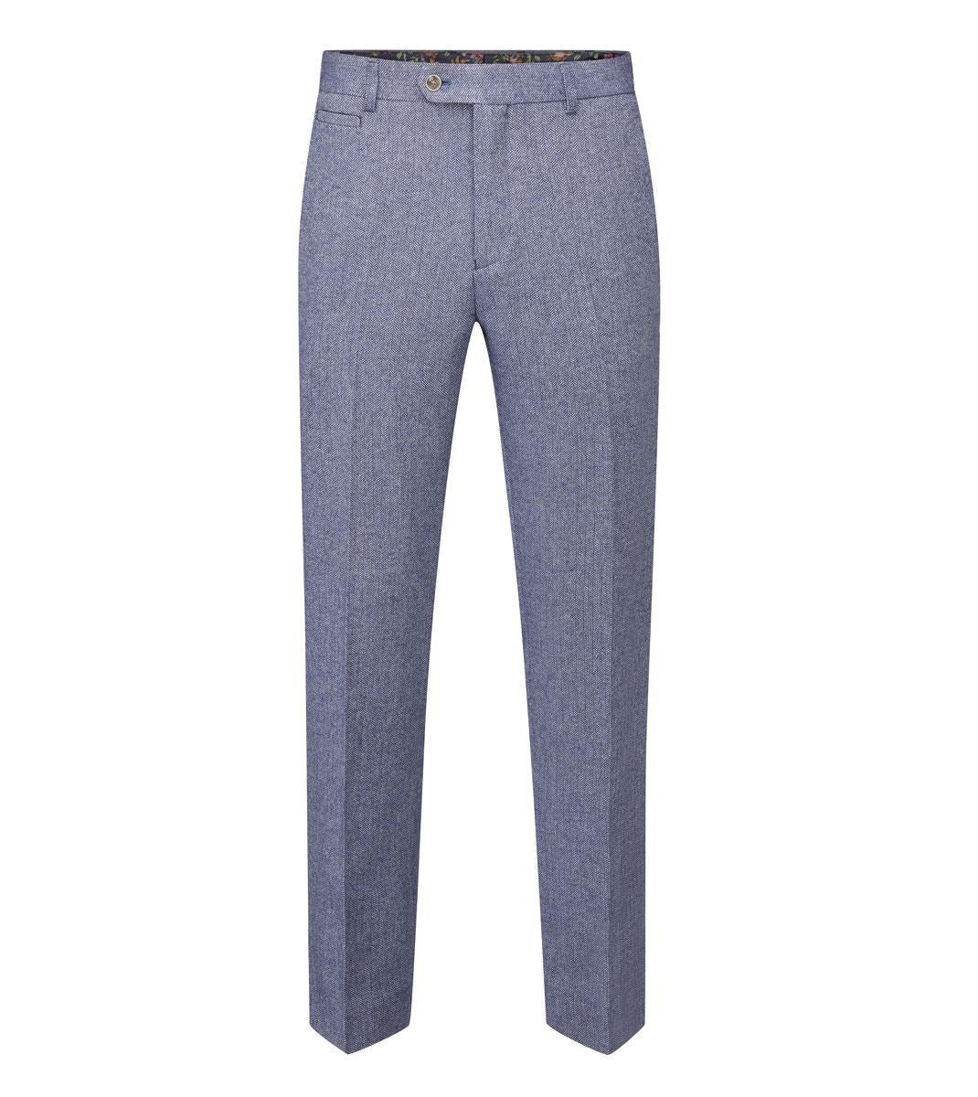 Skopes Men's Tailored Fit Suit Trouser Jude Herringbone in Blue Waist 32 to 56