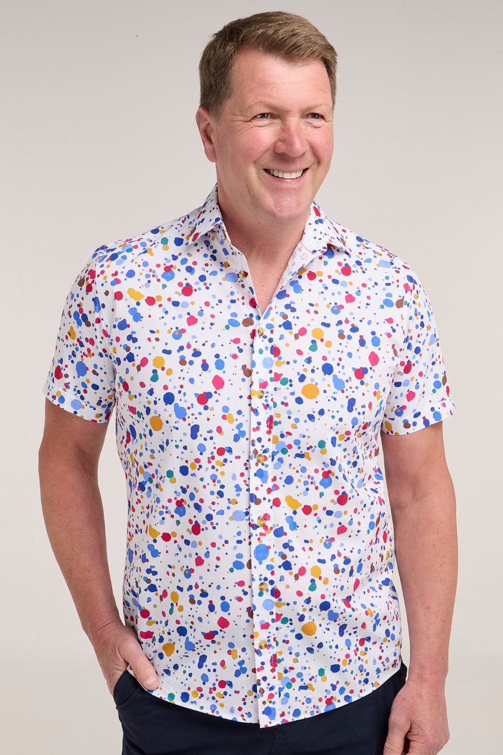 Double TWO Paint Drop Print Short Sleeve Shirt For Men in Multi, M-5XL