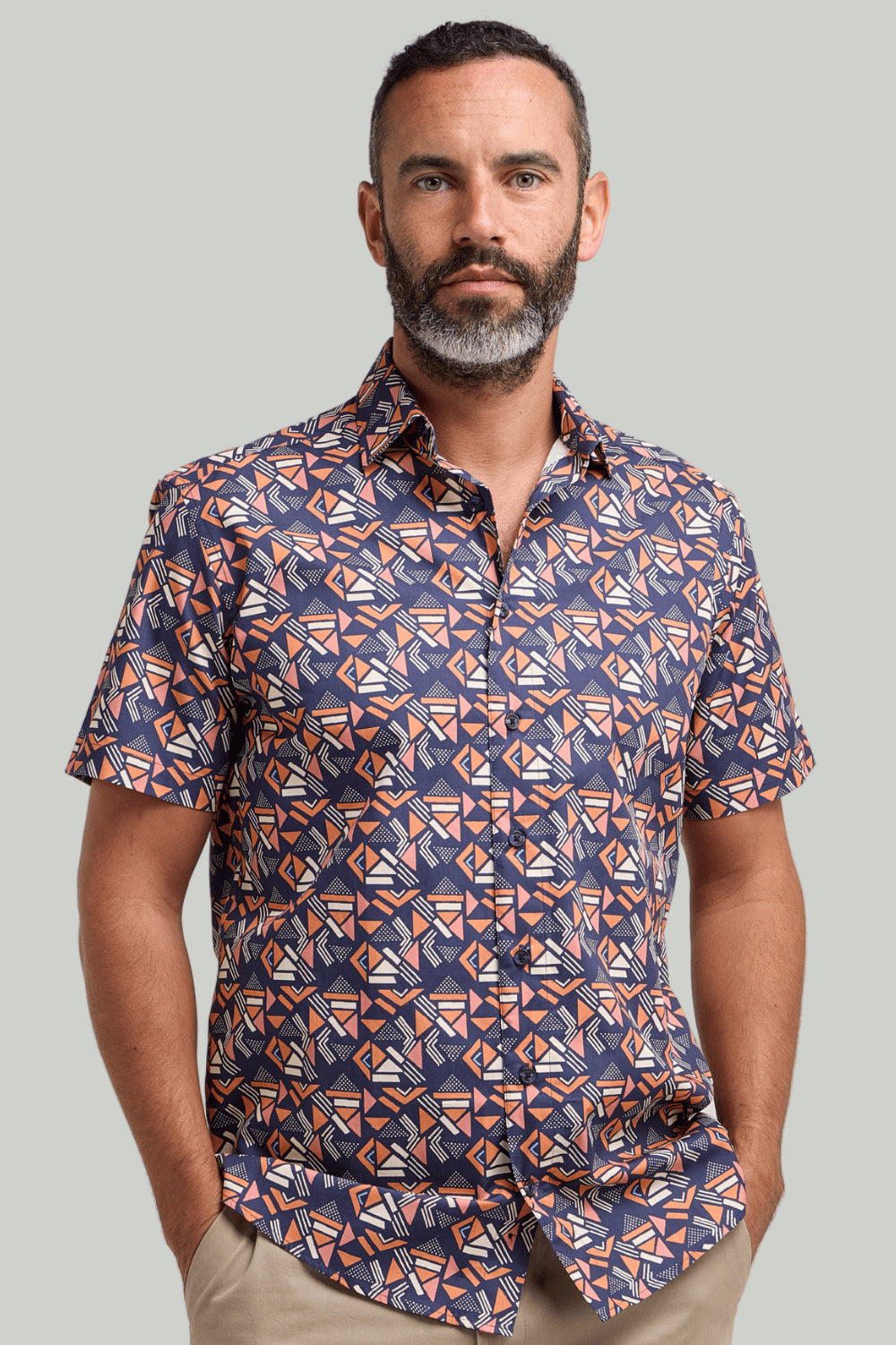 Double TWO Geo Print Short Sleeve Shirt For Men in Navy, M-5XL