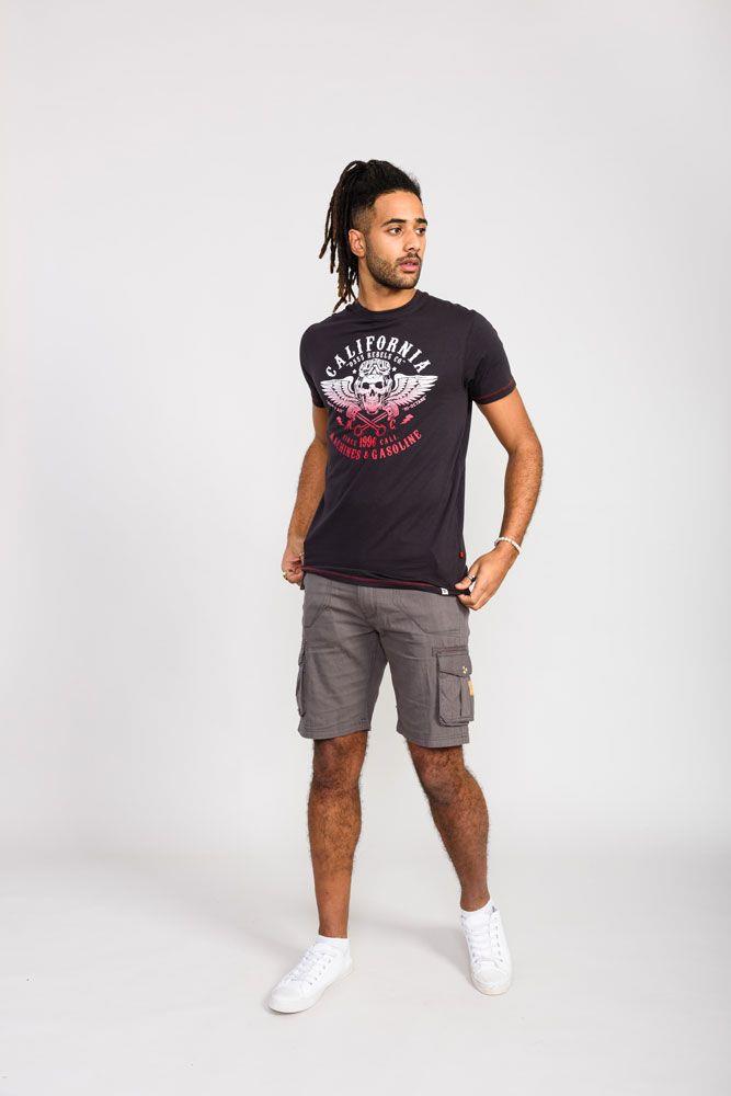 D555 Men's CHARLES California Rebel Skull Gradient Printed T-shirt in Washed Black 2XL to 5XL