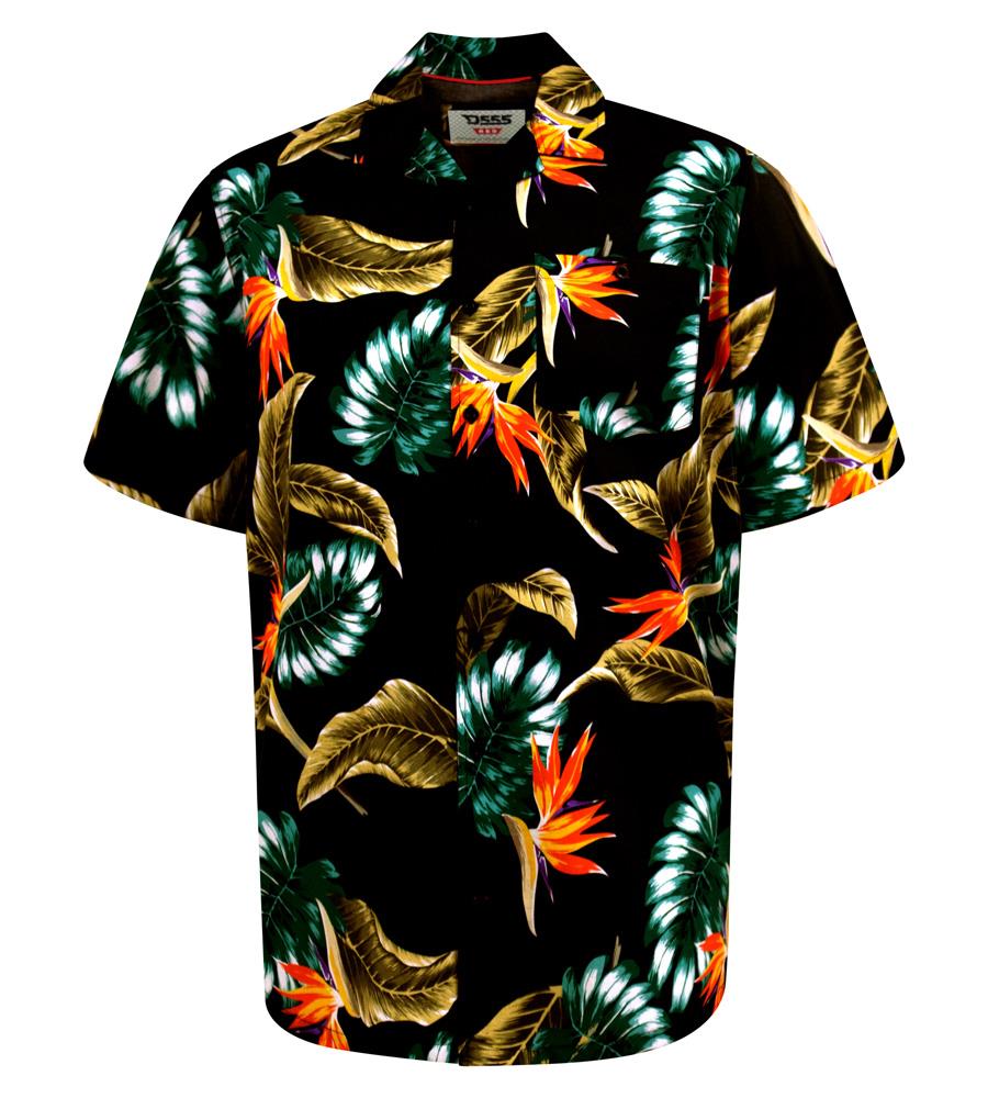 D555 SELBY Black Hawaiian Print Short Sleeve Shirt For Men in Black, 2XL-8XL