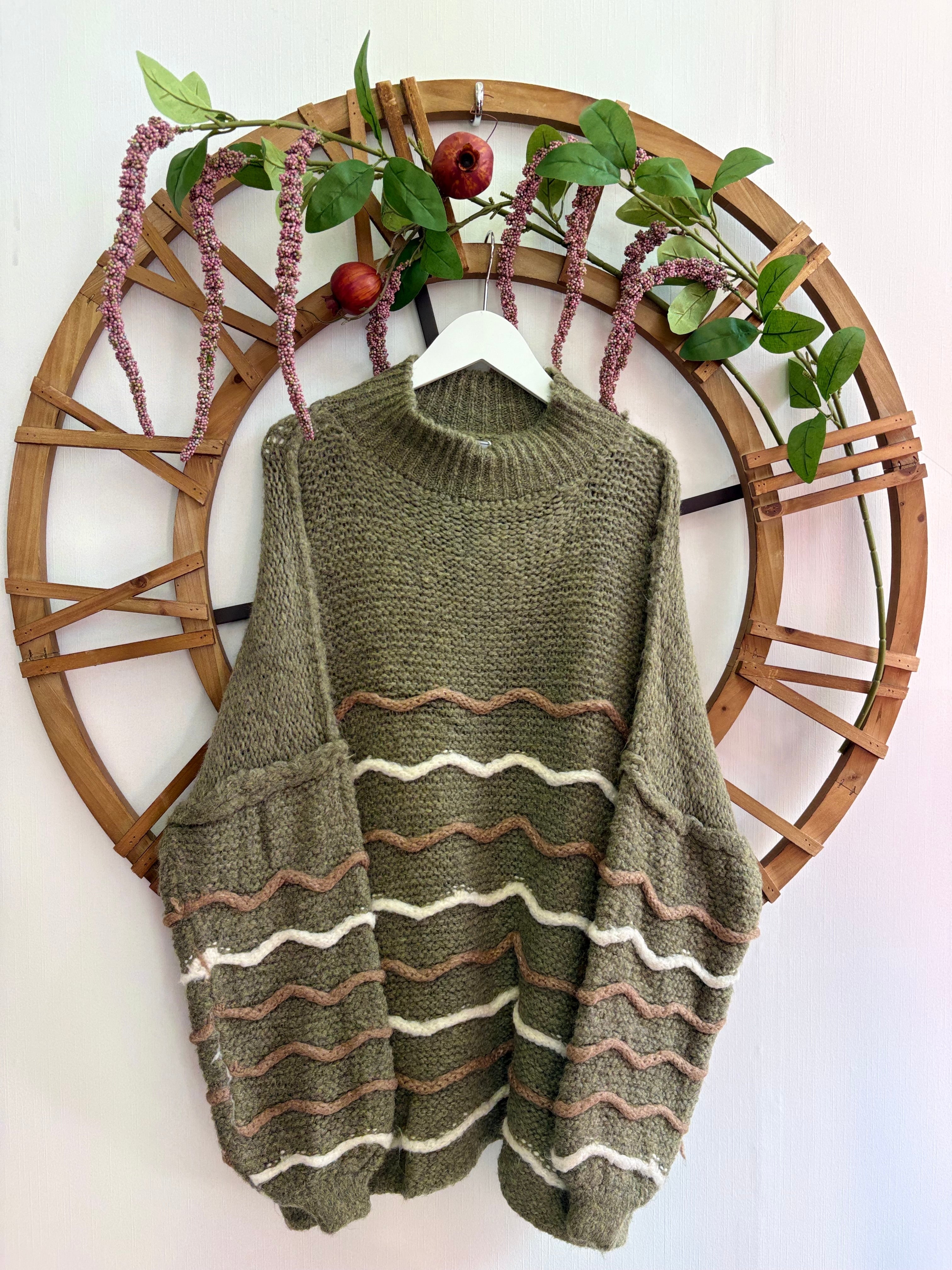 Luxtyle Chunky Stripe Knit Jumper – Ecru, Camel & Khaki – One Size (up to 18)