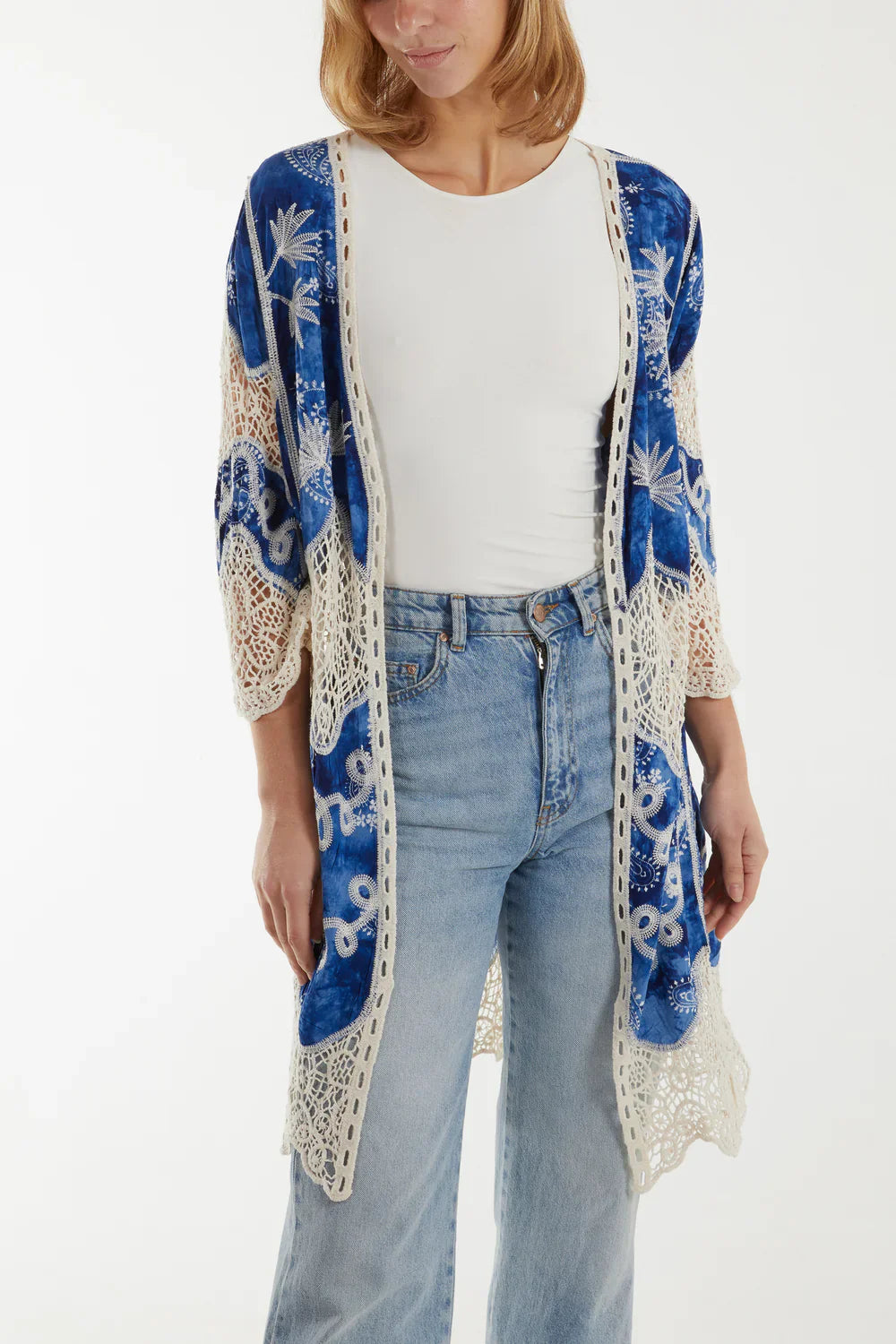 Blue Lace Crochet Kimono – Lightweight Cotton Cover Up