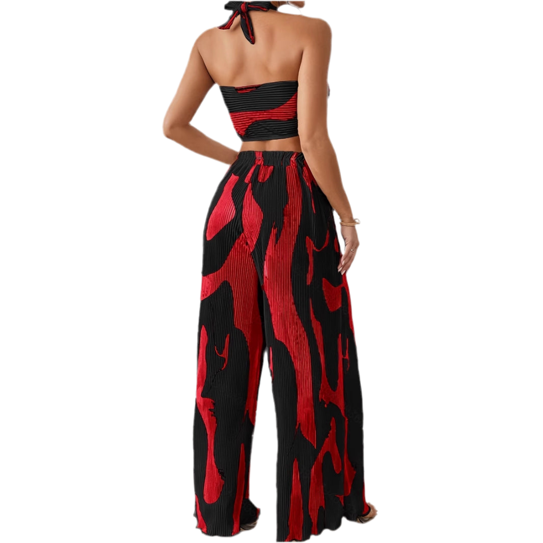 Halter Tube Top & Flame Print Wide-Leg Pants Set – Bold Streetwear 2-Piece Outfit
