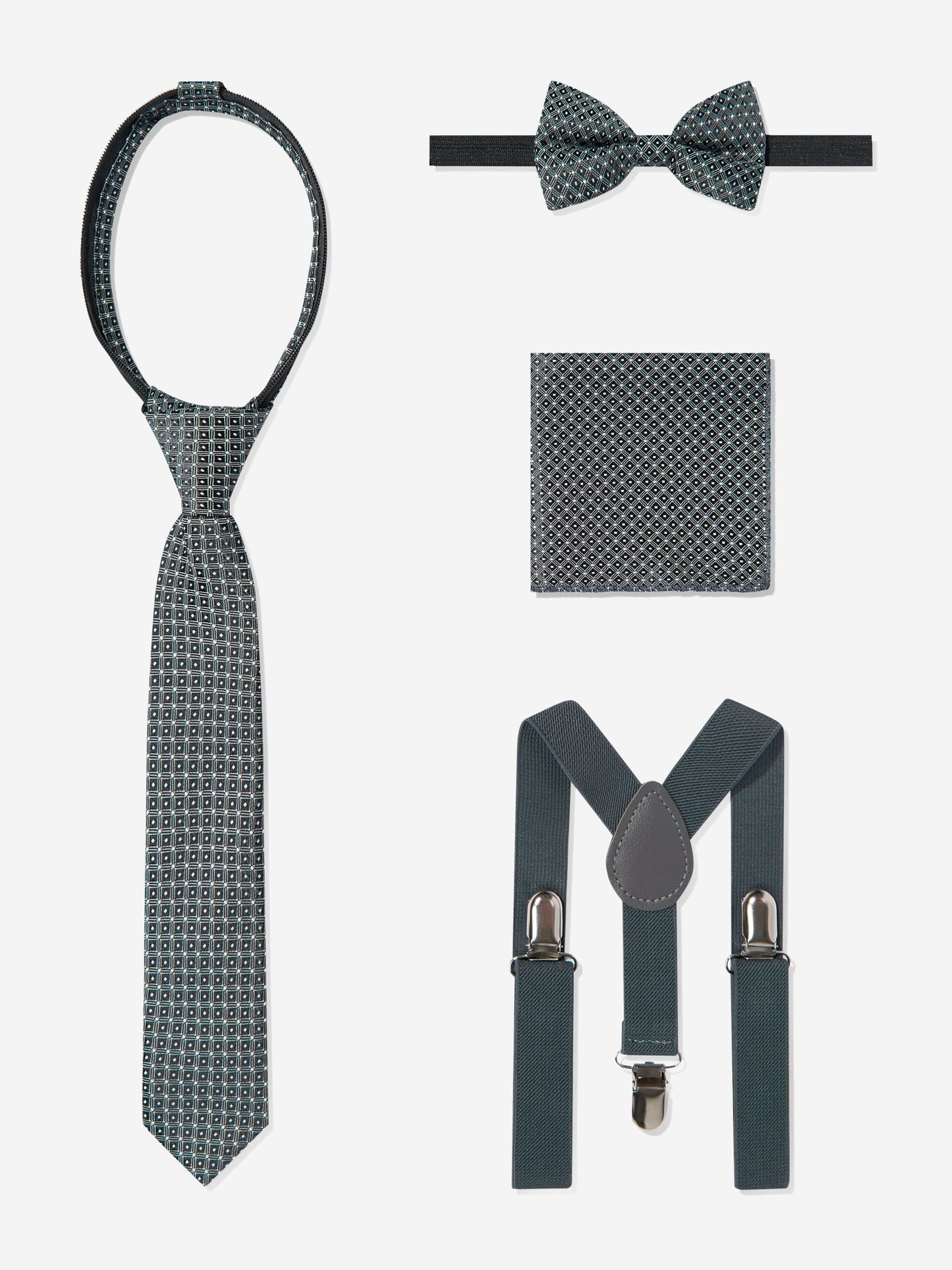 Set of gray tie, bow tie, suspenders, and pocket square on a white background