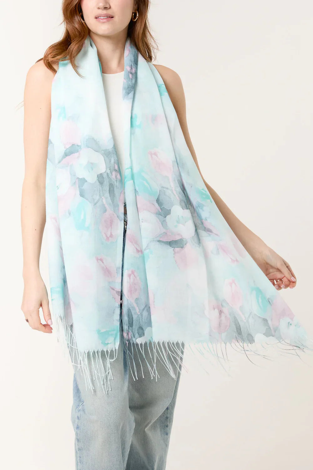 Pastel Floral Print & Tassel Scarf Green and Pink