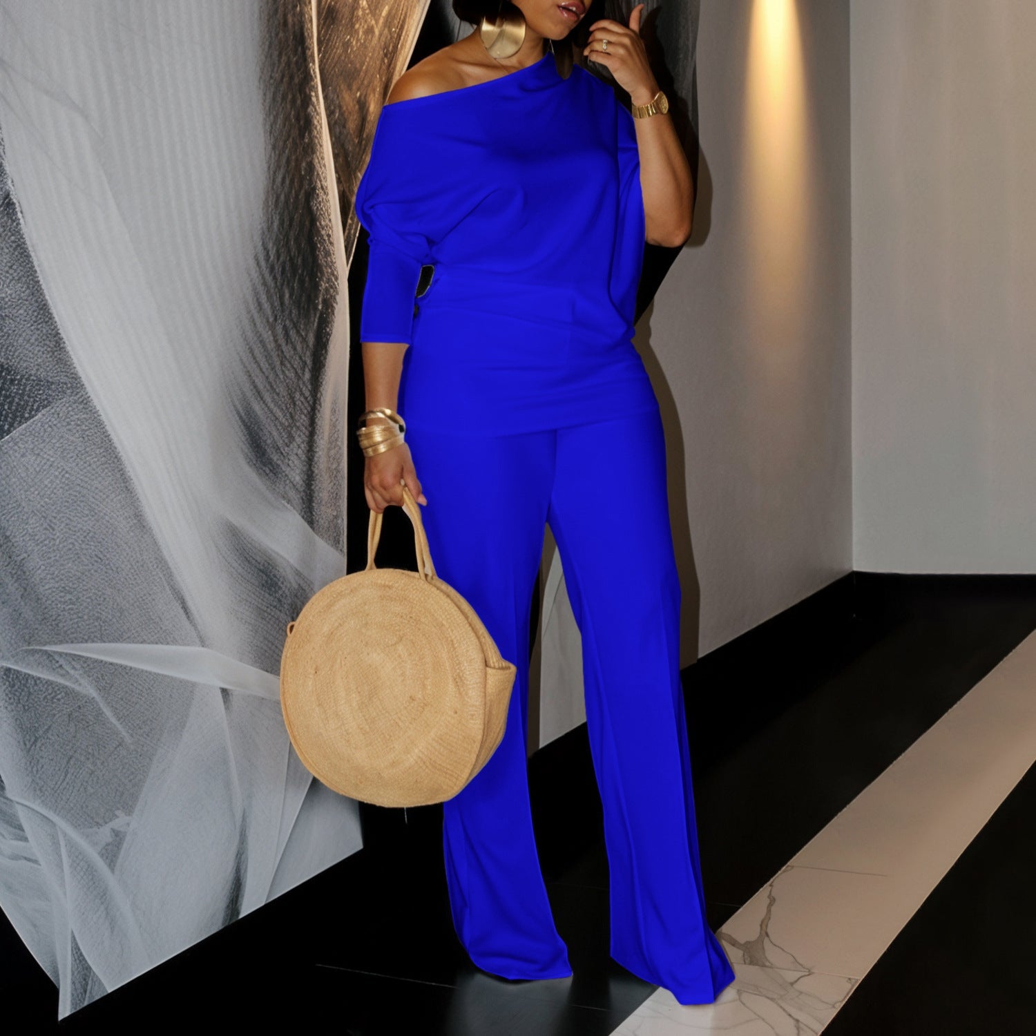 Diagonal Collar Top Wide Leg Pants Cross-border Suit