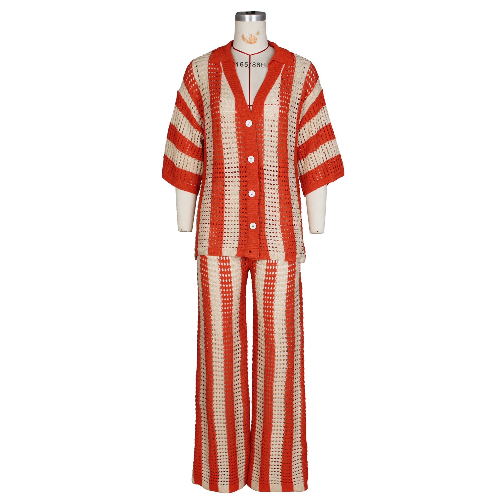 Women's Sexy V-neck Hollow Striped Lapel Knitted Width Blouse And Pants