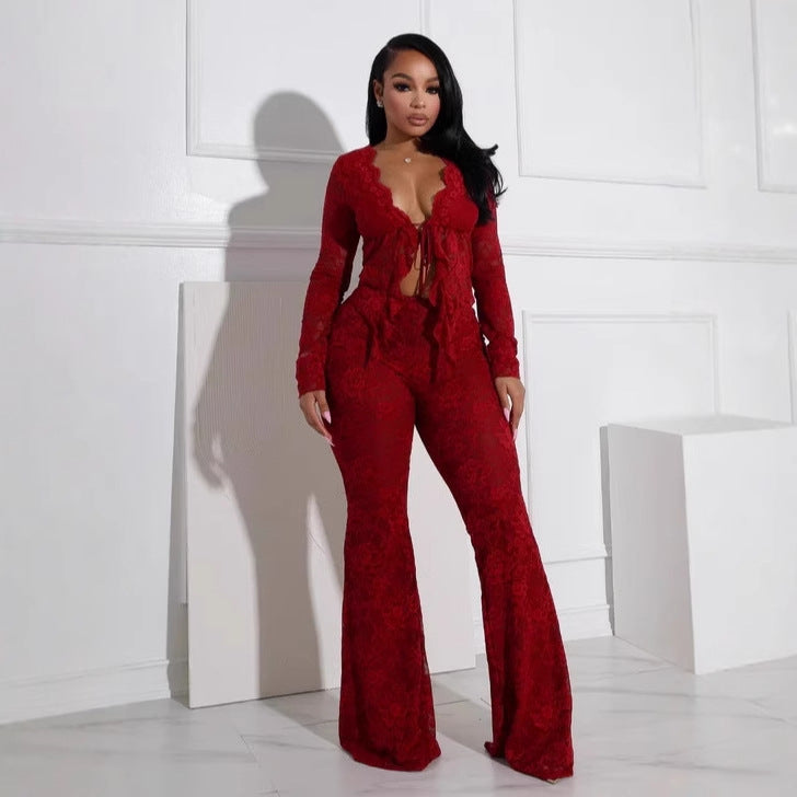 A two-piece set of women's sexy lace-up, hollowed-out cardigan, long-sleeved lace blouse and lace pants