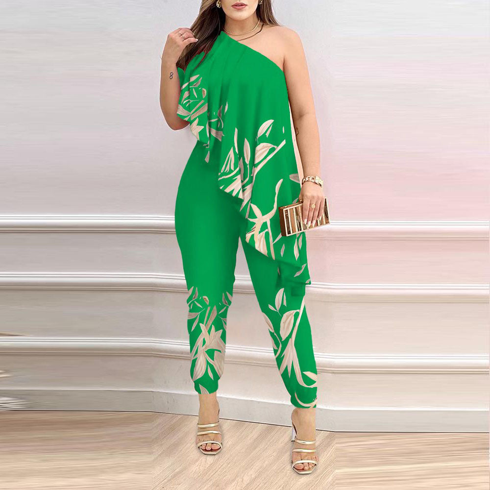 Women’s Printed One-Shoulder Ruffled Jumpsuit – Elegant Statement Piece