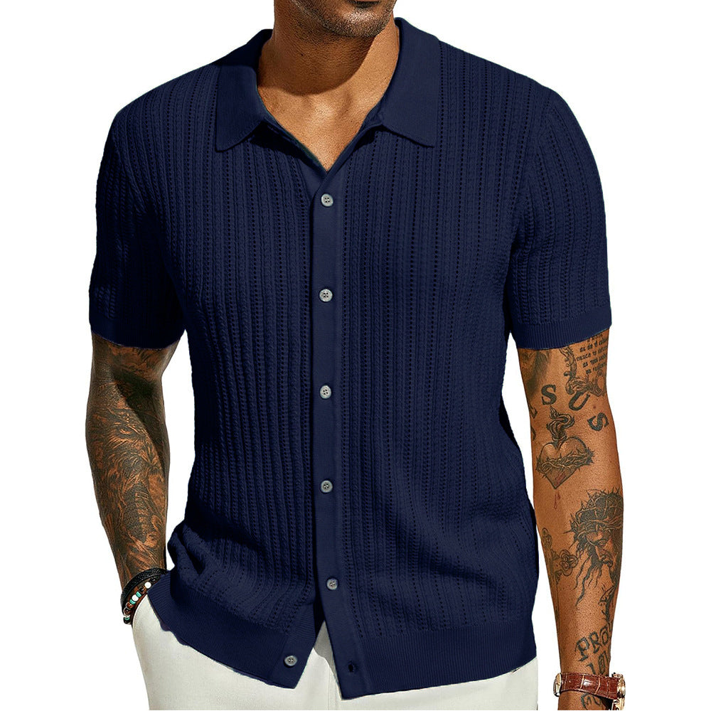 Summer Cool Knitted Men's Shirt Short Sleeved Lapel Solid Color