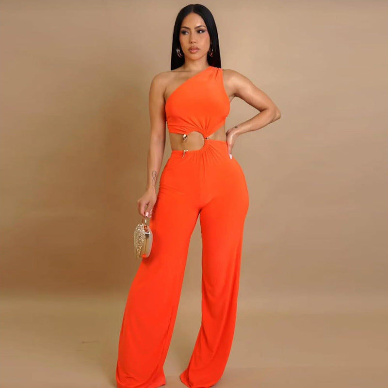 Lace-Up Hollow-Out Diagonal Neck Jumpsuit with Pleated Stitch Detail