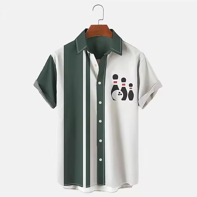 Men’s 3D Bowling Shirt – Digital Print, Casual Short Sleeve Top