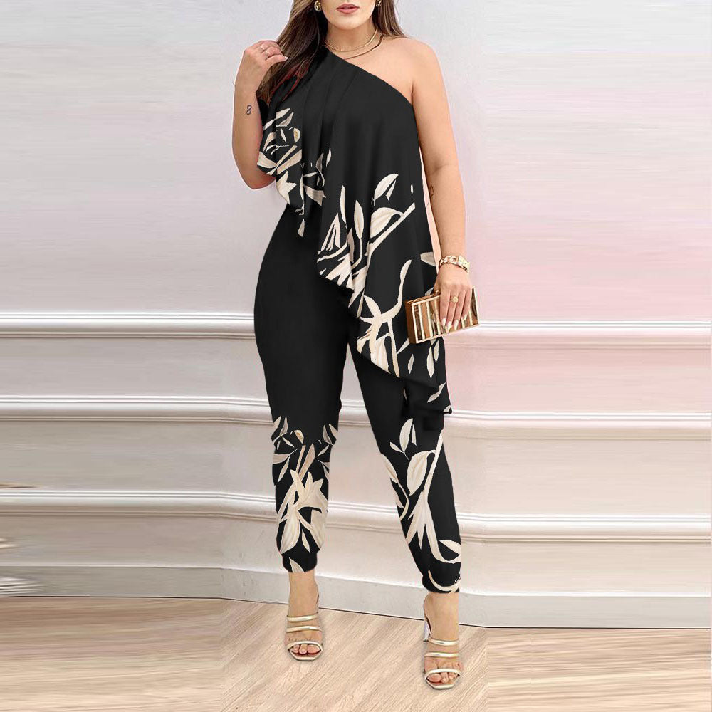 Women’s Printed One-Shoulder Ruffled Jumpsuit – Elegant Statement Piece