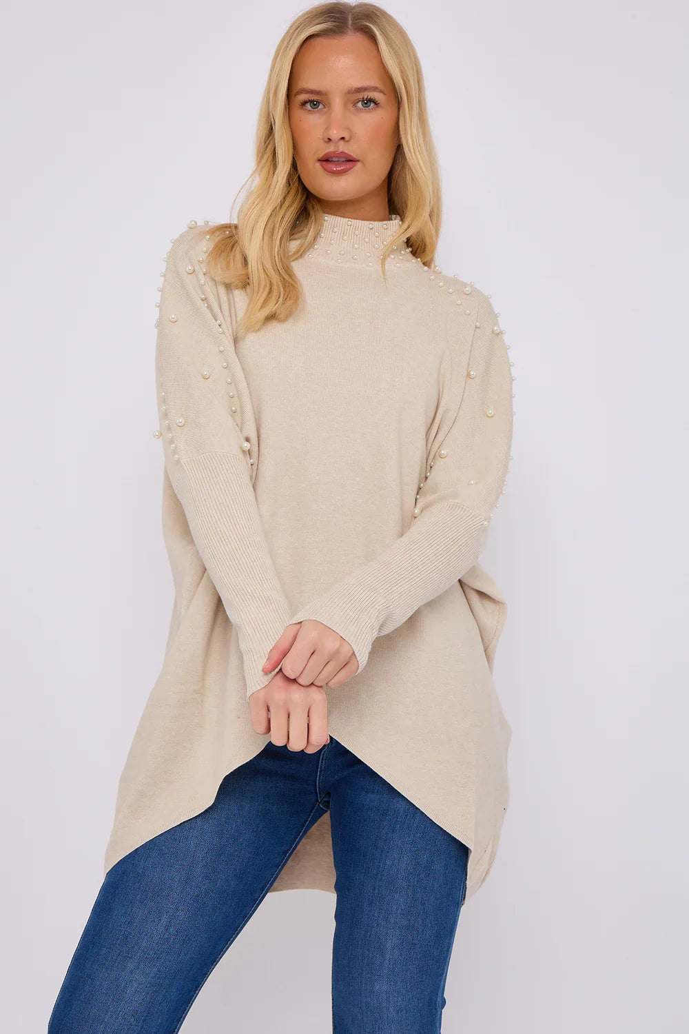 Pearl Embellished Highneck Jumper – One Size UK 8–18