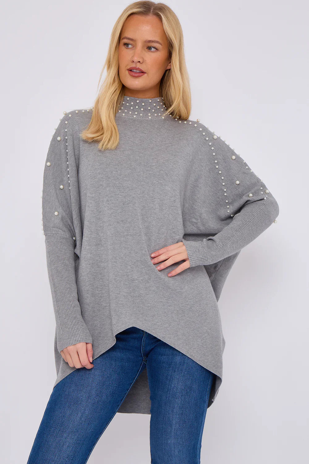 Pearl Embellished Highneck Jumper – One Size UK 8–18