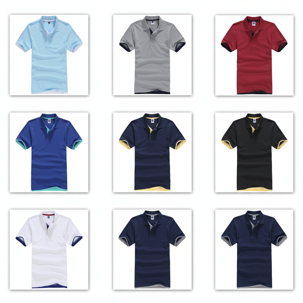 Grid of various polo shirts in different Colours on a white background
