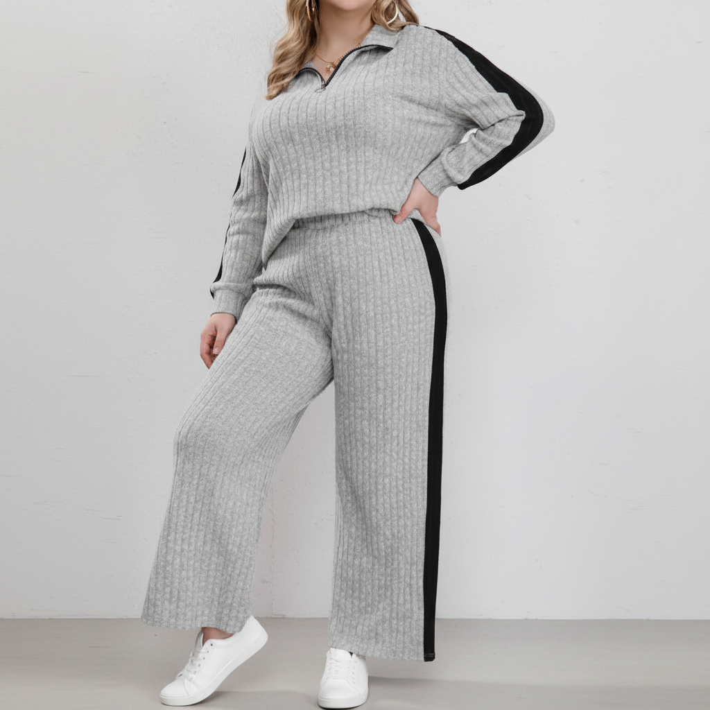 Womens Plus Size Contrast Trim Zipper Top Wide Leg Pants 2-Piece Set UK 18-24